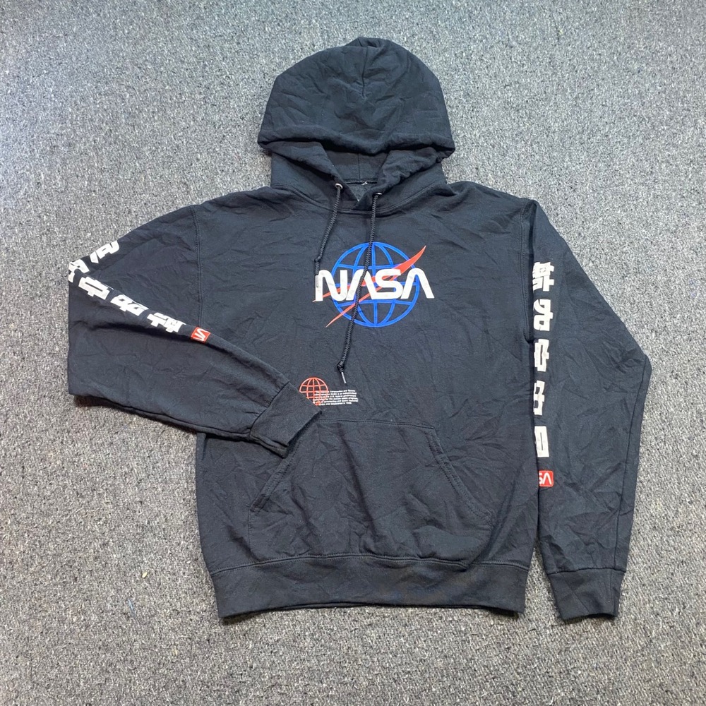 Bowery Supply Co NASA Hoodie Sz S Mens Black Streetwear Japanese Text Sleeve